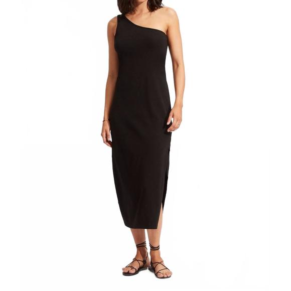 NEW SEAFOLLY jersey knit one shoulder midi dress in black - Picture 1 of 4